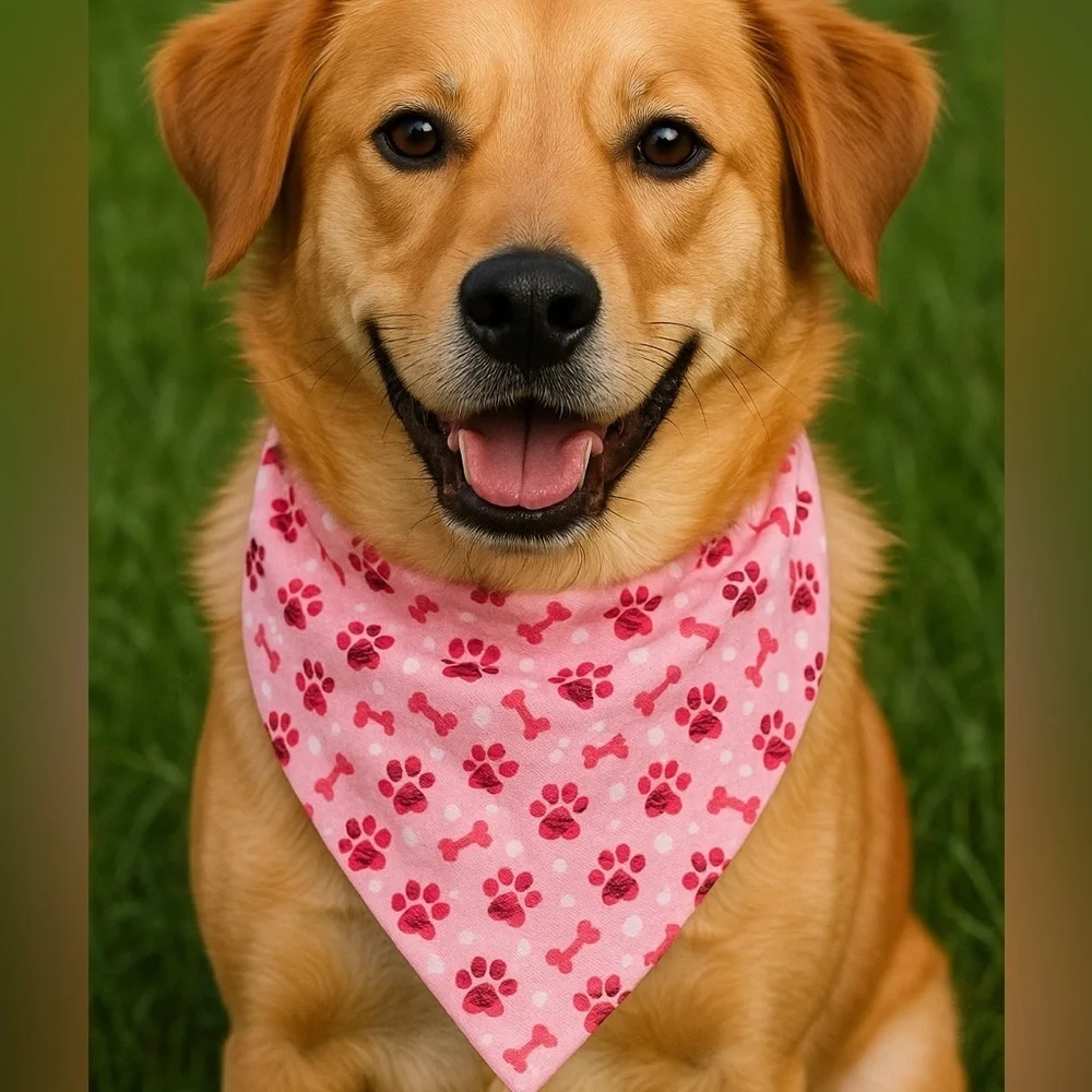 Handmade Pink Dog Bandana with Scrunchi Paw Print Design